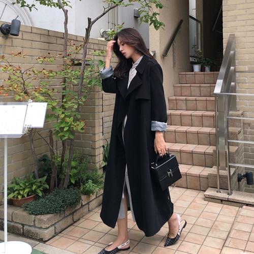 Spring Autumn Maxi Long Women's Loose Trench Coat With Belt Khaki Korean Style Windbreaker Outwear
