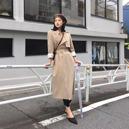 Spring Autumn Maxi Long Women's Loose Trench Coat With Belt Khaki Korean Style Windbreaker Outwear