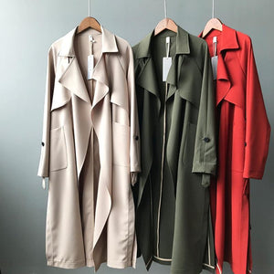 2019 Long Women Belt Trenches Knee Length Fashion Asymmetric High Street Coats Slim Waisted Casual Trenches Midi Red