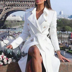 Vintage Double Breasted White Trench Coat Women Sashes Slim Long Trench Winter Office Solid Trench Dress