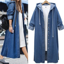 Load image into Gallery viewer, Women Loose Long Sleeve Hooded Denim Jacket Coat Ladies Casual Buttons Long Jean Coat Cardigan Outwear Tops