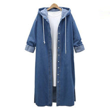 Load image into Gallery viewer, Women Loose Long Sleeve Hooded Denim Jacket Coat Ladies Casual Buttons Long Jean Coat Cardigan Outwear Tops