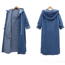 Load image into Gallery viewer, Women Loose Long Sleeve Hooded Denim Jacket Coat Ladies Casual Buttons Long Jean Coat Cardigan Outwear Tops