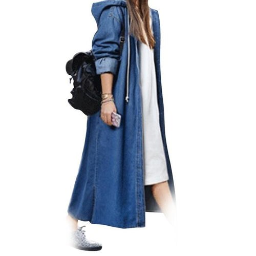 Women Loose Long Sleeve Hooded Denim Jacket Coat Ladies Casual Buttons Long Jean Coat Cardigan Outwear Tops