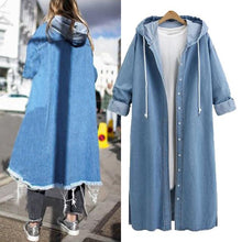 Load image into Gallery viewer, Women Loose Long Sleeve Hooded Denim Jacket Coat Ladies Casual Buttons Long Jean Coat Cardigan Outwear Tops